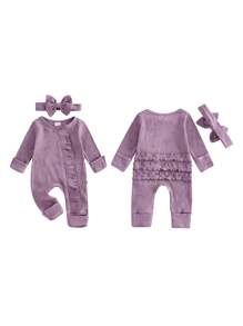 Baby Girl Spring Fall Winter Clothes Newborn Baby Girl Hospital Going Home Outfit Ribbed Footed Romper Bow Print Long Sleeve Full Length Ruffle Zipper Footie Jumpsuit Headband - 紫色 - 查看 3