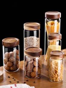 1 pezzo Contenitori di stoccaggio in vetro, contenitori ermetici per alimenti con coperchi in legno, barattoli di vetro trasparenti per dispensa, cucina, farina, zucchero, tè, caffè, spuntino, spezie