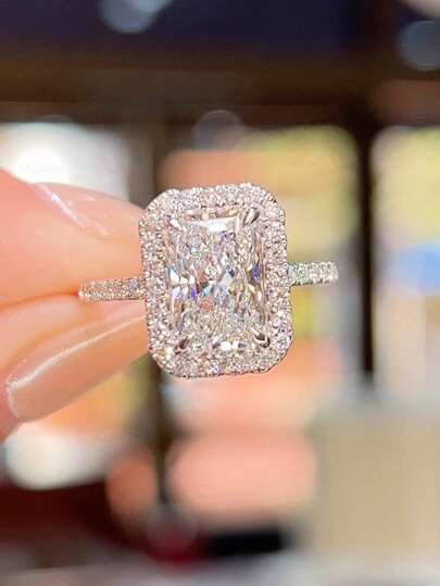 1pc Elegant S925 Sterling Silver Cubic Zirconia Rectangular Ring, Women's Formal Party Ring, Wedding Anniversary Ring, Birthday Gift, Jewelry For Girlfriend