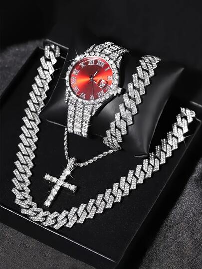 4PCS Men's Silver Stainless Steel Strap Rhinestone Dial Simple Business Style Quartz Watch + Bracelet Set, Suitable For Daily Wear Decoration