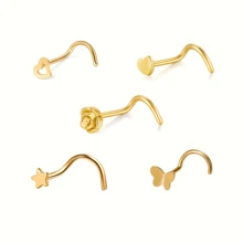 SENLANSP 5pcs Fashionable Stainless Steel Nose Studs In Heart, Star, Rose, Butterfly Designs, Comfortable Daily Wear, Low Allergic Reaction