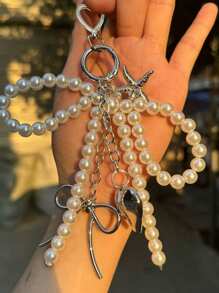 男女皆宜的Y2K可爱串珠蝴蝶结吊坠，时尚大号心形包包挂饰，银色心形旋转钩设计，弹簧扣，海星、蝴蝶结和心形元素手机挂饰钥匙扣 - 彩色 - 查看 2