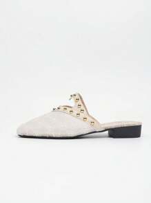 Green & Gold Decor Square Toe Slip-On Low Heel Flat Sandals For Women, Mesh Breathable Closed Toe Mules, Lace Net Fabric, Wear With Dresses, Casual Summer Slippers