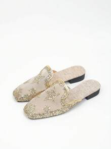 Gold, Silver, Black Glitter Star Decor Square Toe Mules Women, Low Heel Slip-On Mesh Breathable Closed Toe Backless Flat Slide Sandals For Summer Dresses