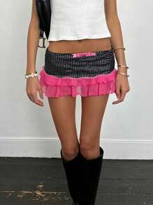 Womens Y2K Lace Mini Skirt Low Rise Pleated Ruffle Half Slip Skirt Mesh Floral Layered Short Skirts Underskirt Fairycore Bow Front A-Line Skirts Cute Summer Skirts Beach Vacation Clothes Vintage Aesthetic Club Streetwear - 黑色 - 查看 4