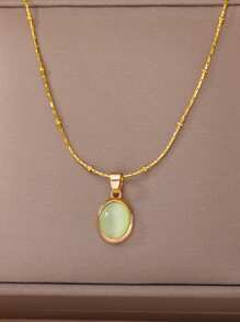 1 件椭圆形蛋白石吊坠项链女士精致粉色、蓝色、绿色天然宝石吊坠 18K 镀金不锈钢可调节项链女士珠宝时尚配饰 - 金黃色 - 查看 10