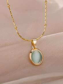 1 件椭圆形蛋白石吊坠项链女士精致粉色、蓝色、绿色天然宝石吊坠 18K 镀金不锈钢可调节项链女士珠宝时尚配饰 - 金黃色 - 查看 5