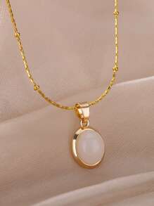 1 件椭圆形蛋白石吊坠项链女士精致粉色、蓝色、绿色天然宝石吊坠 18K 镀金不锈钢可调节项链女士珠宝时尚配饰 - 金黃色 - 查看 1