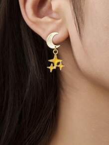 2 piezas de Pendientes elegantes de moda vintage con diseño de estrellas y lunas, de aleación con acabado dorado desgastado, regalo versátil para uso diario, fiesta, cumpleaños