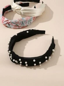 3 Stücke Damen Boho-Stil einfache Einfarbige & Blumen-Muster Perlenhaarband, geeignet für den täglichen Gebrauch