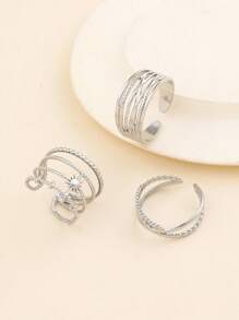 3pcs Stainless Steel Silver Radiant Shape Ring Set, Suitable For Women Daily Decoration And Gifts - Silver - View 2