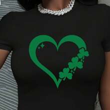Festive Charm] Women's St. Patrick's Day Heart Graphic Tee - Casual Black Crew Neck Short Sleeve Crop Top, Stretchy Polyester Blend With Shamrock & Star Design, Machine Washable