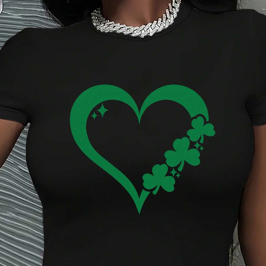 Festive Charm] Women's St. Patrick's Day Heart Graphic Tee - Casual Black Crew Neck Short Sleeve Crop Top, Stretchy Polyester Blend With Shamrock & Star Design, Machine Washable