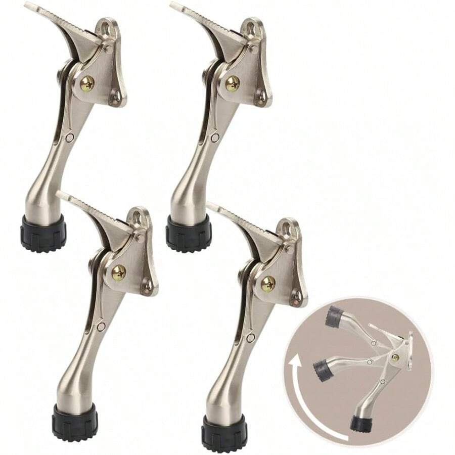 Kickdown Door Stopper 4 Inches - 4 Packs One Touch Adjustable Height Door Stop For The Bottom Of Door Zinc Alloy Metal Door Stopper With Rubber Tip & Wall Protectors For Wide Doors Satin Nickel