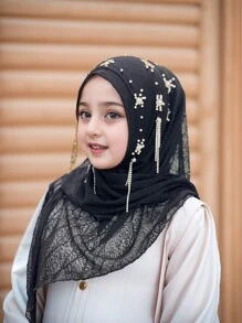 1pc Malaysian Tasseled Solid Color Beaded Floral Shawl Scarf Head Wrap, Elastic Turban Style, Muslim Headwear