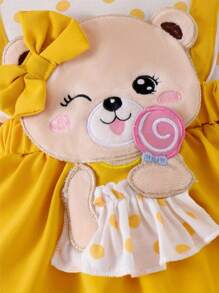 Conjunto de 2 piezas de verano para niñas pequeñas, mono de manga corta con bordado de oso y diadema, ropa para recién nacidas - Amarillo - Ver 5