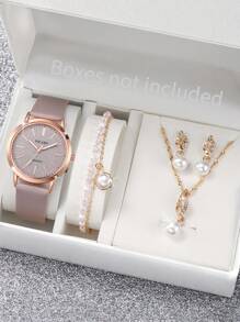 Women's Leather Strap Minimalist Casual Matte Dial Classic Elegant Quartz Watch + Pearl Jewelry Set (5pcs/Set) Watch Box Not Included - Grey - View 1