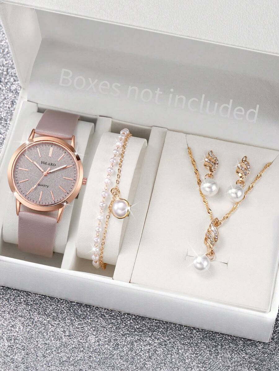 Women's Leather Strap Minimalist Casual Matte Dial Classic Elegant Quartz Watch + Pearl Jewelry Set (5pcs/Set) Watch Box Not Included - Grey - View 1