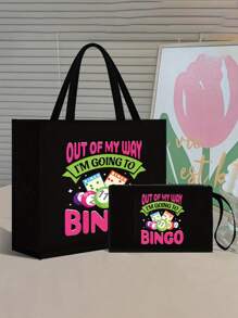 Bộ túi xách và ví chủ đề xổ số bi-a, bộ túi xách và ví đựng tiền xu dành cho nữ, bao gồm túi xách và ví đựng tiền xu, túi nữ dung tích lớn, chất liệu vải, có thể giặt, có lớp lót, kiểu đeo vai thông thường, in khẩu hiệu "Tôi muốn chơi Bingo", có họa tiết xổ số, bi-a, các yếu tố số học và thể thao. - màu đen - Xem 5