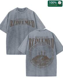 230g Pure Cotton Washed Short Sleeved Double-Sided Printed T-Shirt, 100% Pure Cotton, Printed With "Redemption Christianity". Retro Hip-Hop Style, Street Y2K Printed Short Sleeved Top, Sports T-Shirt. Suitable Gift Choices For Spring Valentine's Day, Summer St. Patrick's Day, Party Gifts, And Must-Have Gifts For The Start Of School Season. Neutral Casual Round Neck T-Shirt. - 灰色 - 查看 1