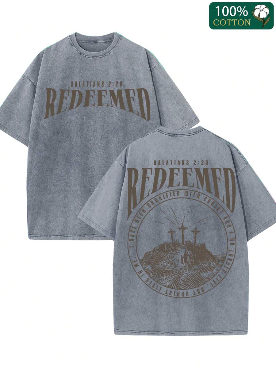 230g Pure Cotton Washed Short Sleeved Double-Sided Printed T-Shirt, 100% Pure Cotton, Printed With "Redemption Christianity". Retro Hip-Hop Style, Street Y2K Printed Short Sleeved Top, Sports T-Shirt. Suitable Gift Choices For Spring Valentine's Day, Summer St. Patrick's Day, Party Gifts, And Must-Have Gifts For The Start Of School Season. Neutral Casual Round Neck T-Shirt. - 灰色 - 查看 1