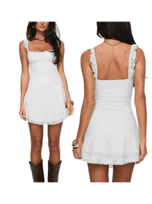 Women Lace Dress, Sleeveless Backless Slim Fit A-Line Dress Summer Mini Slip Dress - 白色 - 查看 2