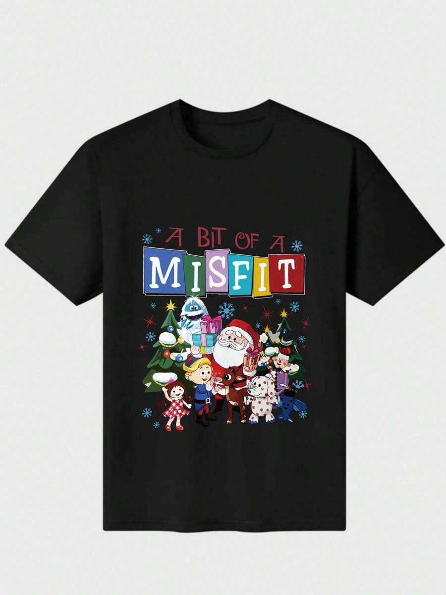 Misfits Toys Christmas T-Shirt, Rudolphs The Red Nosed Reindeer Casual Digital Print Pure Heavy Cotton T Shirt - 黑色 - 查看 1