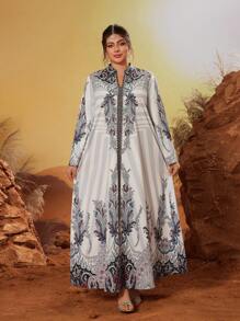 新款加大码优雅立领阿巴雅长袍，镶嵌水钻饰钉和珠子，多色中东风格长款端庄阿巴雅 - 彩色 - 查看 2