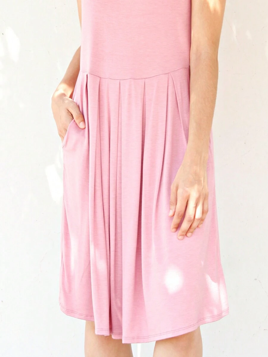 Boho Retro Rayon Cool Soft Summer Cuff Short Sleeve Crew Neck T Shirt Mini Dress Tunic With Pockets - 藕粉色 - 查看 1