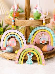 1 pièce Panneau en bois classique de lapin de Pâques et arc-en-ciel - Plaque décorative de table pour la ferme, le salon, la chambre, la salle à manger - Décoration de fête polyvalente, idéale pour les célébrations de printemps en intérieur et en extérieur, décorations extérieures