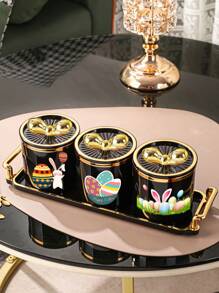 4pcs (3 Jars In 1 Tray) Easter Rabbit Plastic Multifunctional Storage Jar Sealed Jar Living Room Restaurant Kitchen Tray Set For Cereals, Candies, Biscuits, Bread, Suitable For Outdoor Weddings, Parties, Gifts, Birthdays - Multicolor - View 2