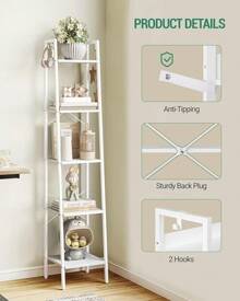 Bookshelf Bookcase, Freestanding Corner Storage Shelve With 2 Hooks For Home Office, Living Room, Kitchen, Bedroom, Industrial, 5-Tier White BC03213W - 白色 - 查看 3