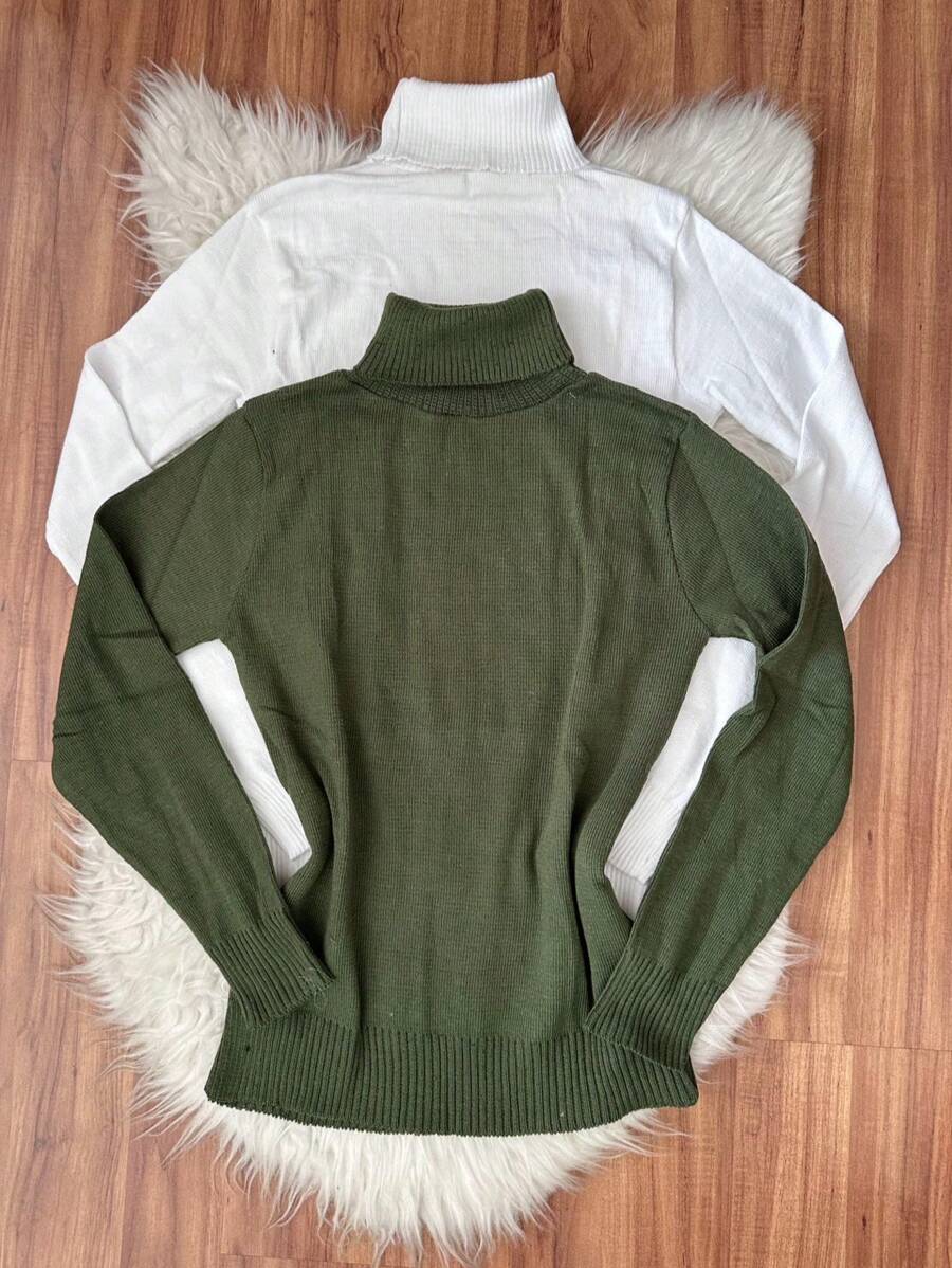 Kit2 Women's High Neck Blouse Long Sleeve Basic Knitted Cacharreu Plain Sueter - quân đội Branco - Xem 1