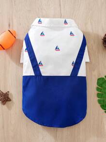 1 件海洋主题帆船全印花背带配绅士风格领结，适合小型/中型宠物的夏季衬衫 - 藍白色 - 查看 3