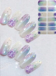 Almond Gradient Colorful 3D Hand-Painted Blue Lotus Floral 3D Crystal Nail Stickers - Multicolor - View 2