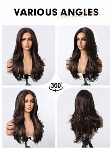 22 Inch Brown Highlight Long Layered Synthetic Wig For Women Middle Part Natural Looking Black Brown Wig For Girl Daily Party Wear