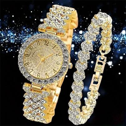 2pcs Elegant Quartz Watch With Jewelry Accessory Set, Fashionable Round Lady Wrist Watch & Rhinestone Bracelet