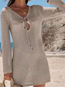 Women Summer Crochet Beach Cover Up Front Tie Hollow-Out Swimsuit Bikini Coverups Bathing Suit Beach Dresses - Khaki - View 3