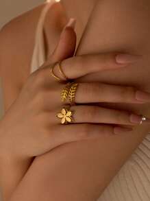 Set de 3 pendientes de acero inoxidable dorado con diseño 3D multicapa de flores y espiga, apropiados para ornamento diario de mujeres - Amarillo Oro - Ver 1