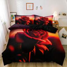 2/3 pièces Ensemble de housse de couette imprimé de roses rouges 3D au coucher de soleil, ensemble de literie fleurs pour la décoration de chambre des garçons et des filles (Taille 135x200 avec 1 taie d'oreiller uniquement)