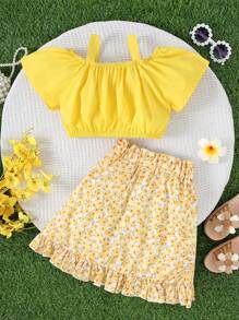 2Pcs/Set Young Girls Solid Color Spaghetti Strap Off Shoulder Short Sleeve Top And Floral Print Ruffle Hem Mini Skirt, Summer - Yellow - View 2