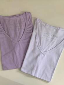 V Neck T-Shirt Kits Women's Clothing Blouse And T-Shirt 100% Cotton Fabric Quality Modern - 白色和淡紫色 - 查看 1