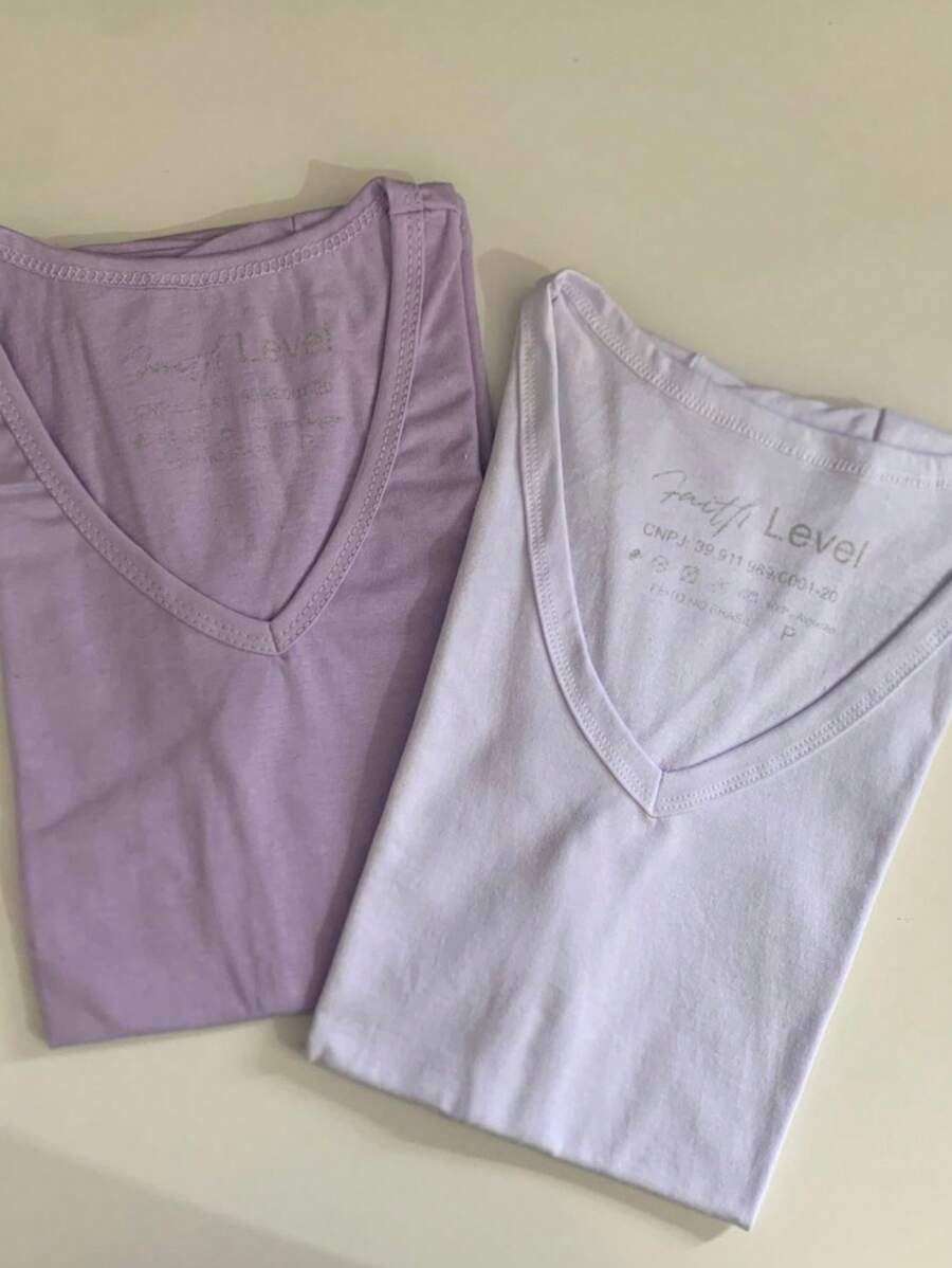 V Neck T-Shirt Kits Women's Clothing Blouse And T-Shirt 100% Cotton Fabric Quality Modern - 白色和淡紫色 - 查看 1