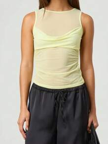 Women's Summer Sheer Vest Sleeveless Round Neck Solid Color Ruched Tank Tops - Yellow - View 2
