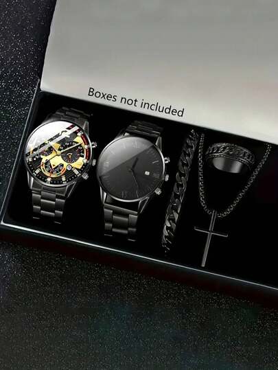 5件套男士时尚石英表套装，圆形黑色合金表壳，商务合金表带，带日历功能的男士商务手表，个性化珠宝套装，优雅礼品套装，适合日常装饰