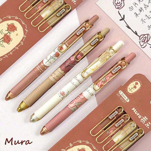 4PCS Rose Style Black Ink Pens,Quick Dry Ink Pens,Fine Point Smooth Gel Pens,Black Ink Smooth Writing For School Office Home,High-End Series Pens For Journaling,Note Perfect Thank You Gift For Men & Women, Office & School Supplies, 0.5Mm,Pack Of 4pcs (Rose).Back To School.
