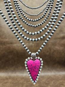 1buc la modă Retro Western Country Style Pink Stone CCB Cu margele În formă de inimă Colier pandantiv, Stil 7 straturi cu margele, potrivit pentru femei și fete pentru a se potrivi cu ținuta de zi cu zi, accesorii de petrecere, bijuterii, cadou pentru familie/prieteni/dvs.