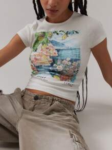 Womens Y2k Graphic Baby Tees Slim Fit Round Neck Showing Navel Cap Sleeve T Shirt Vintage Crop Tops For Summer Womens 90s Streetwear Retro Aesthetic Clothes For Teen Girls - 白色 - 查看 1