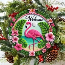 1pc 8x8 Inch Round Vintage Pink Flamingo Welcome Sign - Waterproof Metal Wreath Decor, Suitable For Porch And Home, Holes For Installation Gifts Birthday Graduation