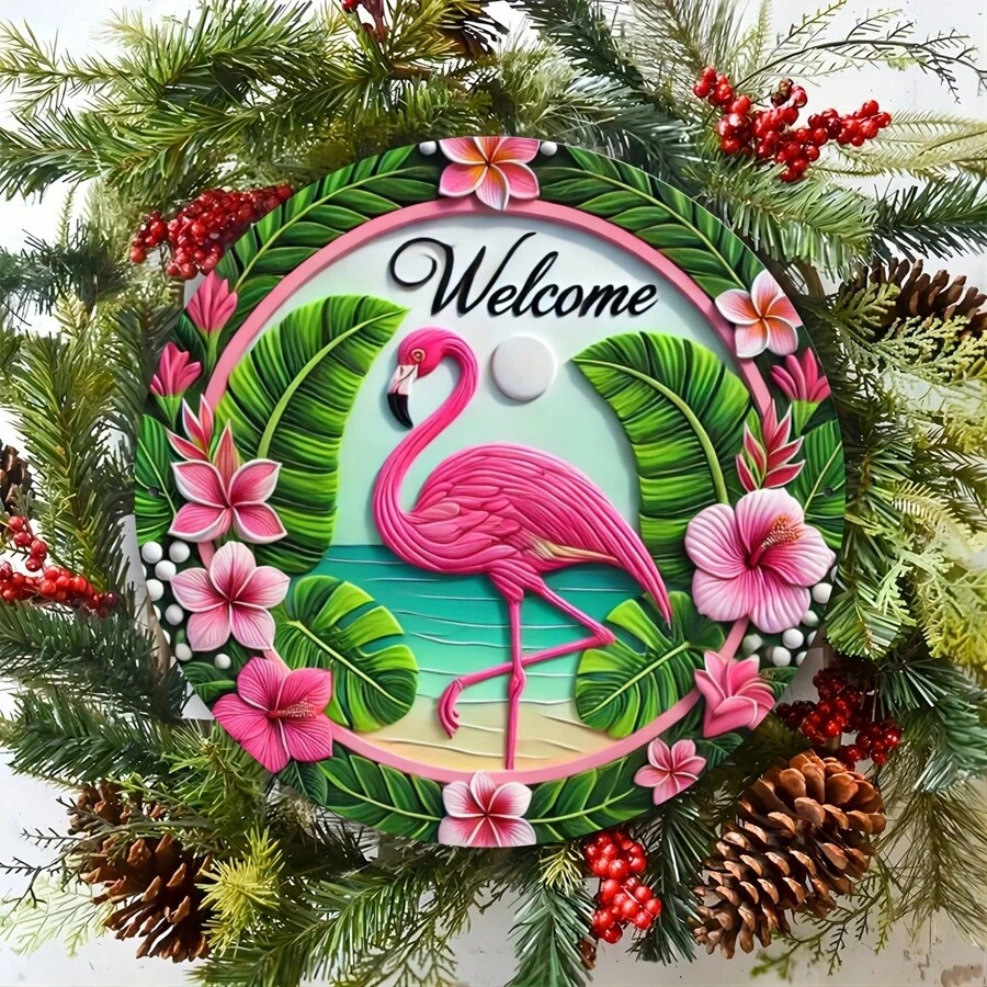 1pc 8x8 Inch Round Vintage Pink Flamingo Welcome Sign - Waterproof Metal Wreath Decor, Suitable For Porch And Home, Holes For Installation Gifts Birthday Graduation